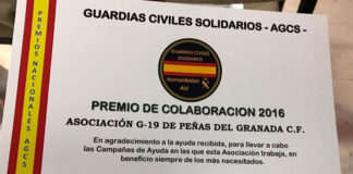 Premio recibido por la Asociación G19 Peñas Granada CF gracias a su solidaridad en la ayuda con los más necesitados. G19